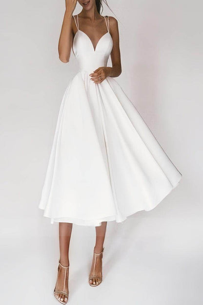 Elegant Satin Tea-Length Wedding Dress for Civil Ceremony & Elopement