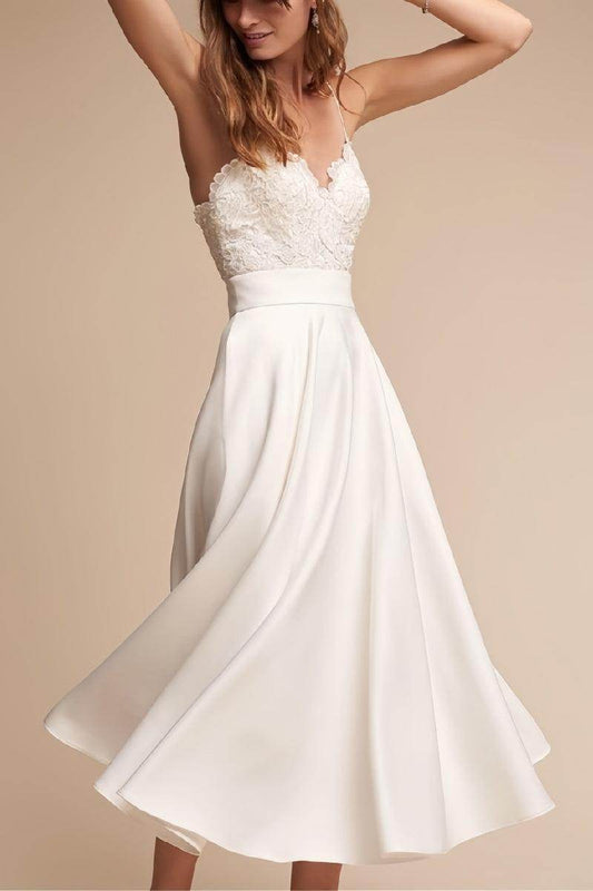 Strapless Lace & Satin Tea-Length Wedding Dress for Civil Ceremony