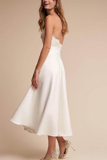 Strapless Lace & Satin Tea-Length Wedding Dress for Civil Ceremony