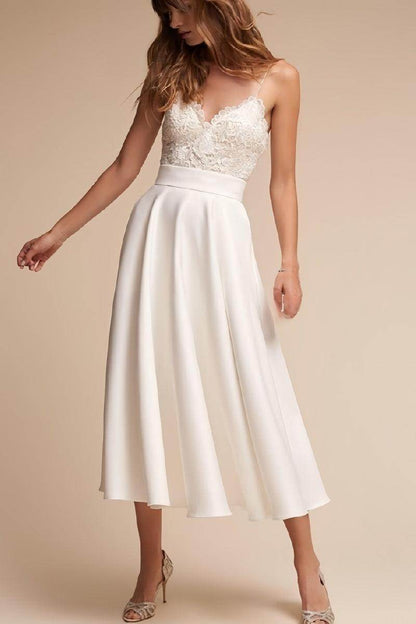 Strapless Lace & Satin Tea-Length Wedding Dress for Civil Ceremony
