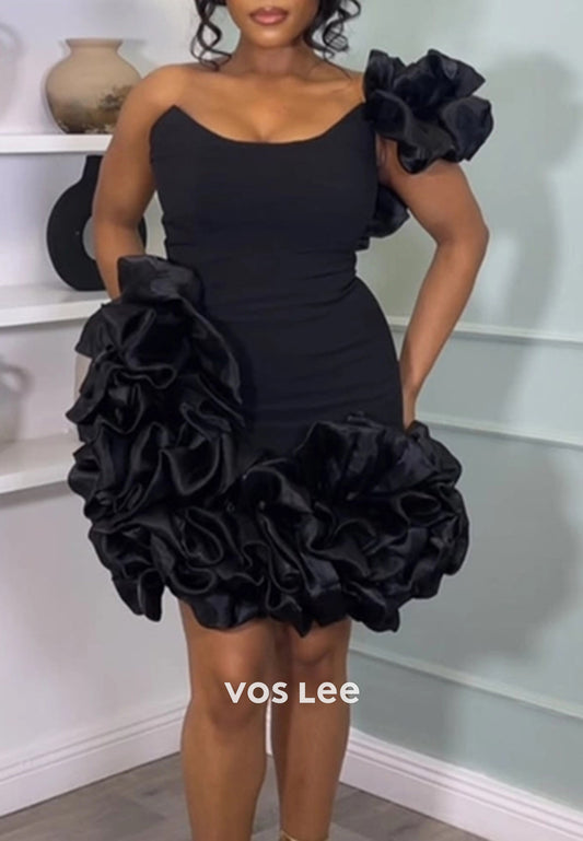 Black One Shoulder Pleated Sheath Homecoming Dresses
