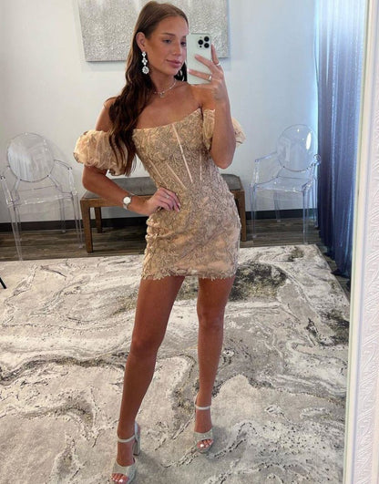 Champagne Strapless Lace Homecoming Dress With Detachable Sleeves