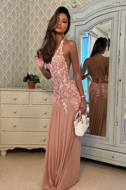 Charming A Line Halter Neck Pink Long Prom Dress with Appliques