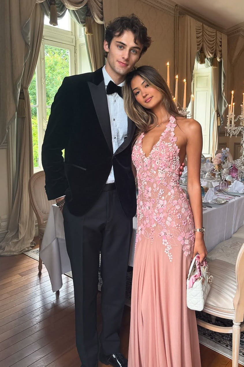 Charming A Line Halter Neck Pink Long Prom Dress with Appliques