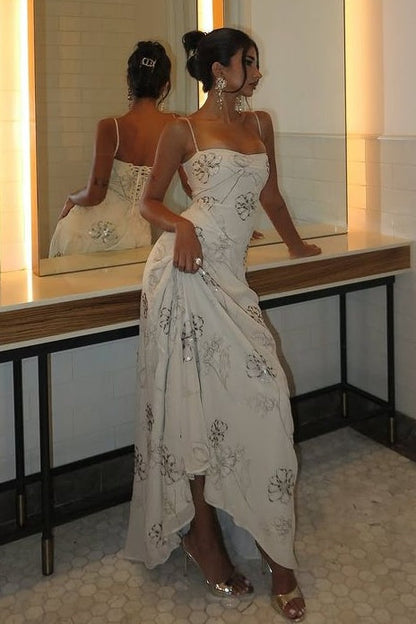 Beautiful A Line Spaghetti Straps White Long Party Dress with Criss Cross Back