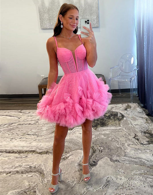 Charming Hot Pink A-Line Lace Up Tulle Homecoming Dress