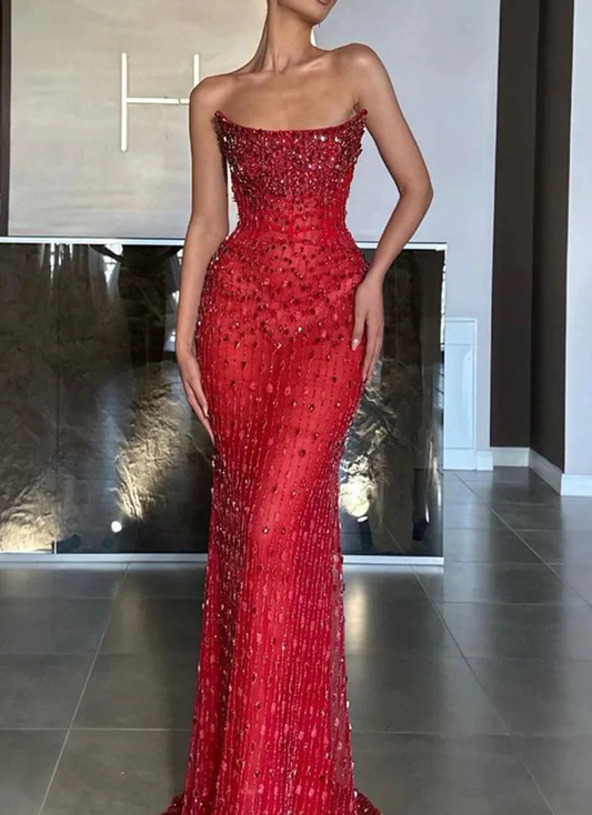 Charming Mermaid Boat Neck Sleeveless Fully Sequined Beaded Long Prom Dress with Train