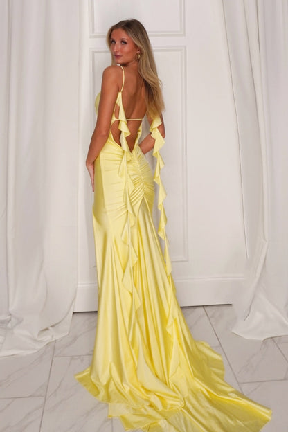 Charming Mermaid Spaghetti Straps Yellow Long Prom Dress with Open Back Ruffles