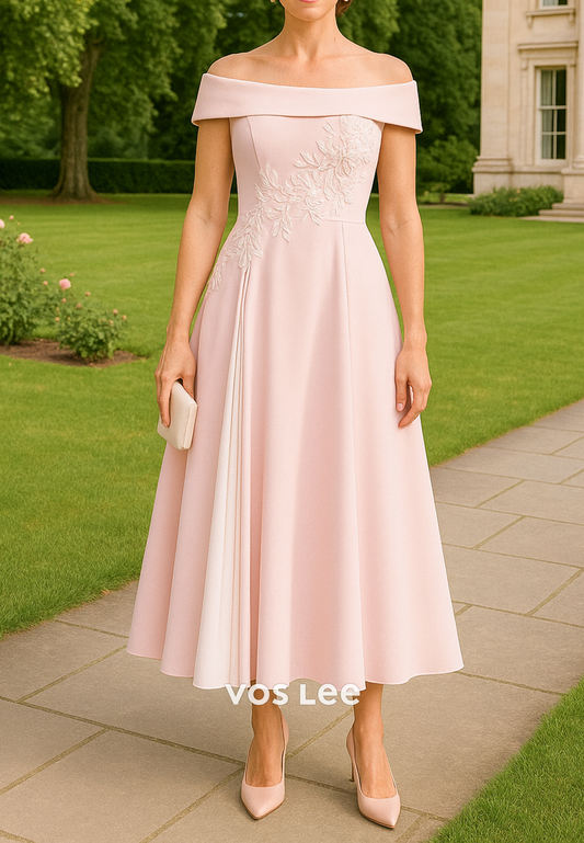 A-Line Off the Shoulder Floral Embroidered Tea-Length Mother of Bride Dresses