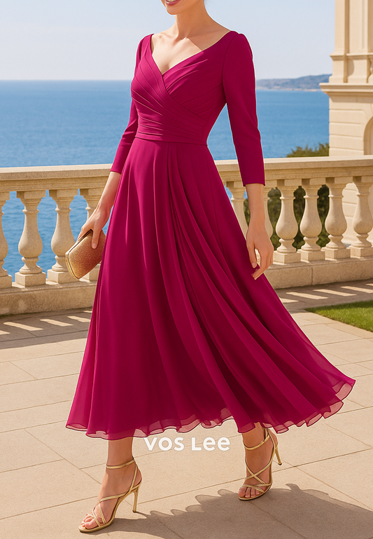 Couture & Ornate  A-Line 3/4 Sleeve V Neck Tea-Length Pleated Mother of Bride Dresses
