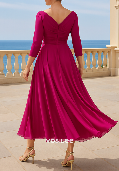 Couture & Ornate  A-Line 3/4 Sleeve V Neck Tea-Length Pleated Mother of Bride Dresses