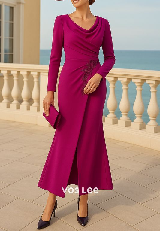 Long Sleeve V Neck Appliques Beaded Ankle-Length Mermaid Mother of Bride Dresses
