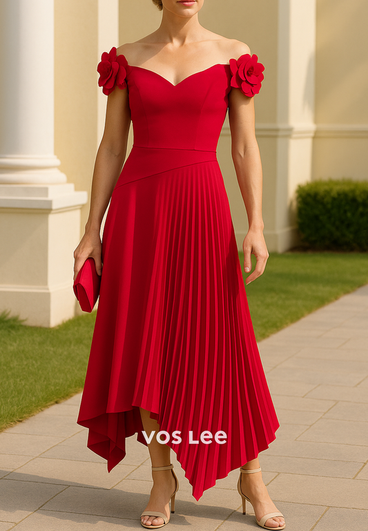 A-Line Off the Shoulder Flowers Embellished Tea-Length Pleated Mother of Bride Dresses