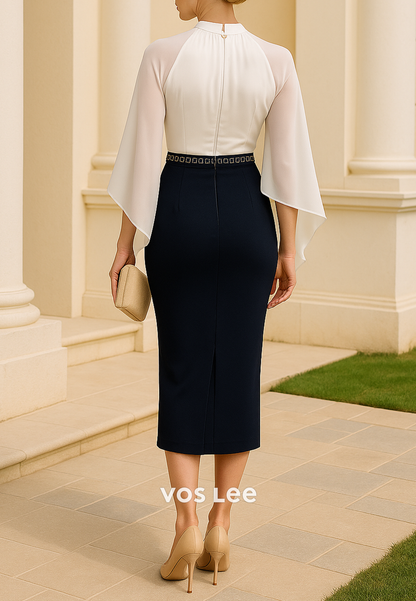 Short Sleeve Scoop Ruched Rhinestone Tea-Length Mermaid Mother of Bride Dresses