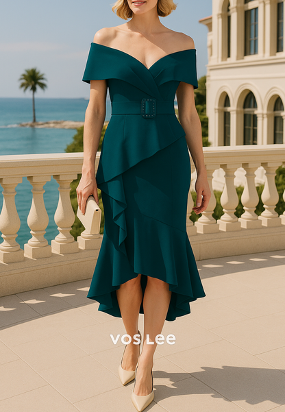 High Low Off the Shoulder Tea-Length Pleated Mermaid Mother of Bride Dresses