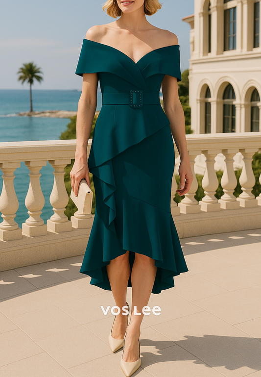 High Low Off the Shoulder Tea-Length Pleated Mermaid Mother of Bride Dresses