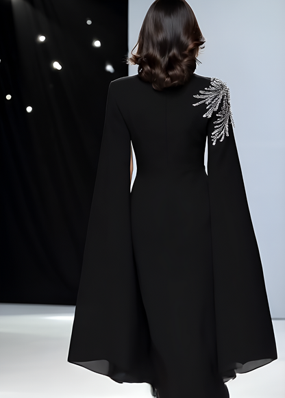 Elegant Silver Detail Cape Sleeves Dress
