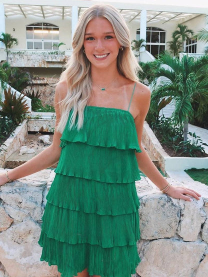 Chic A Line Spaghetti Straps Green Short Homecoming Dress with Ruffles