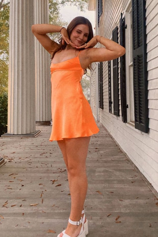 Chic A Line Spaghetti Straps Orange Short Homecoming Dress with Criss Cross Back