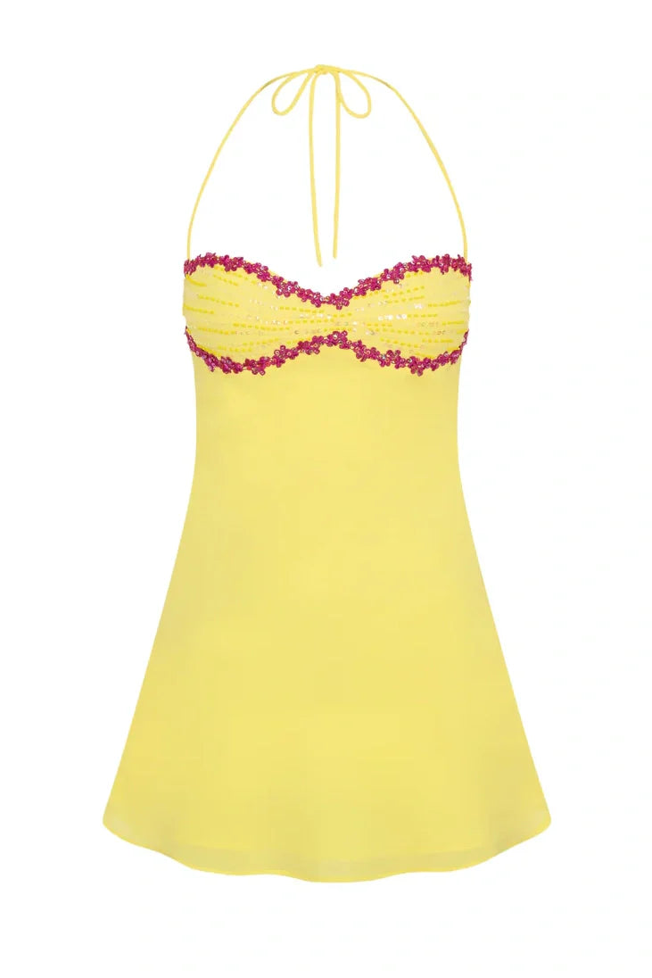 Chic A Line Spaghetti Straps Yellow Short Homecoming Dress with Sequins