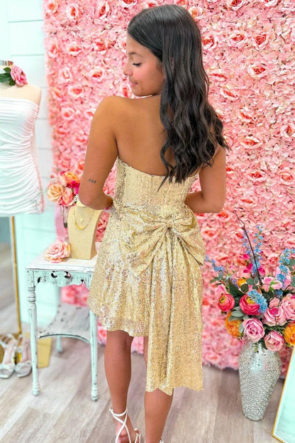 Chic A Line Strapless Gold Sequins Short Homecoming Dress with Bowknot