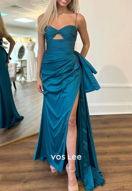 Spaghetti Straps Ruched Sweetheart Floor-Length Mermaid Prom Dresses with High Split