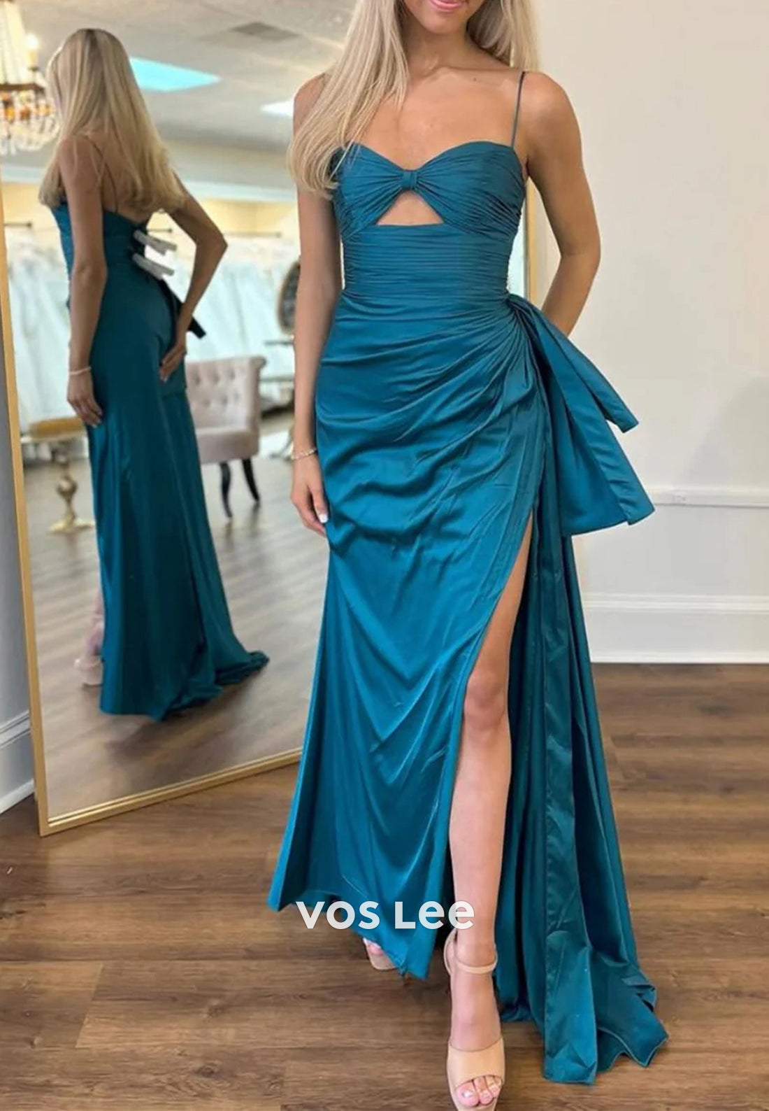 Spaghetti Straps Ruched Sweetheart Floor-Length Mermaid Prom Dresses with High Split