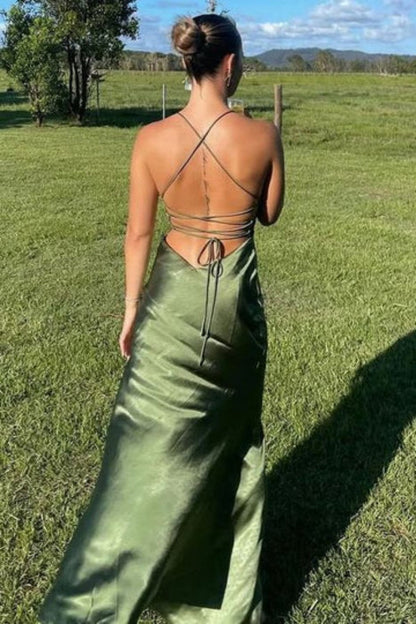 Green Spaghetti Straps Simple Sheath Long Party Dress with Split Front