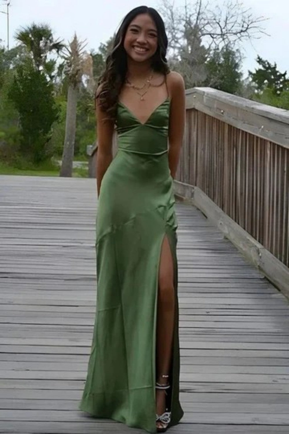 Green Spaghetti Straps Simple Sheath Long Party Dress with Split Front