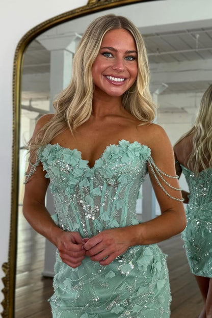 Gorgeous Sheath Off the Shoulder Mint Green Corset Homecoming Dress with Appliques