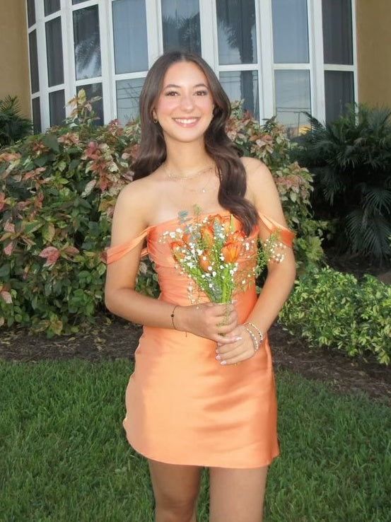 Chic Sheath Off the Shoulder Orange Satin Homecoming Dress with Ruched