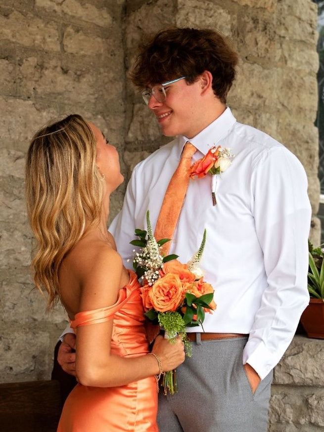 Chic Sheath Off the Shoulder Orange Satin Homecoming Dress with Ruched