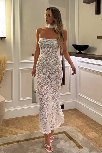 Strapless White Lace Tea Length Trendy Sheath Party Dress