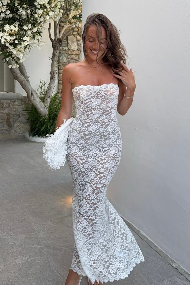 Strapless White Lace Tea Length Trendy Sheath Party Dress