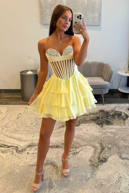 Cute A Line Sweetheart Yellow Corset Homecoming Dress with Beading Ruffles