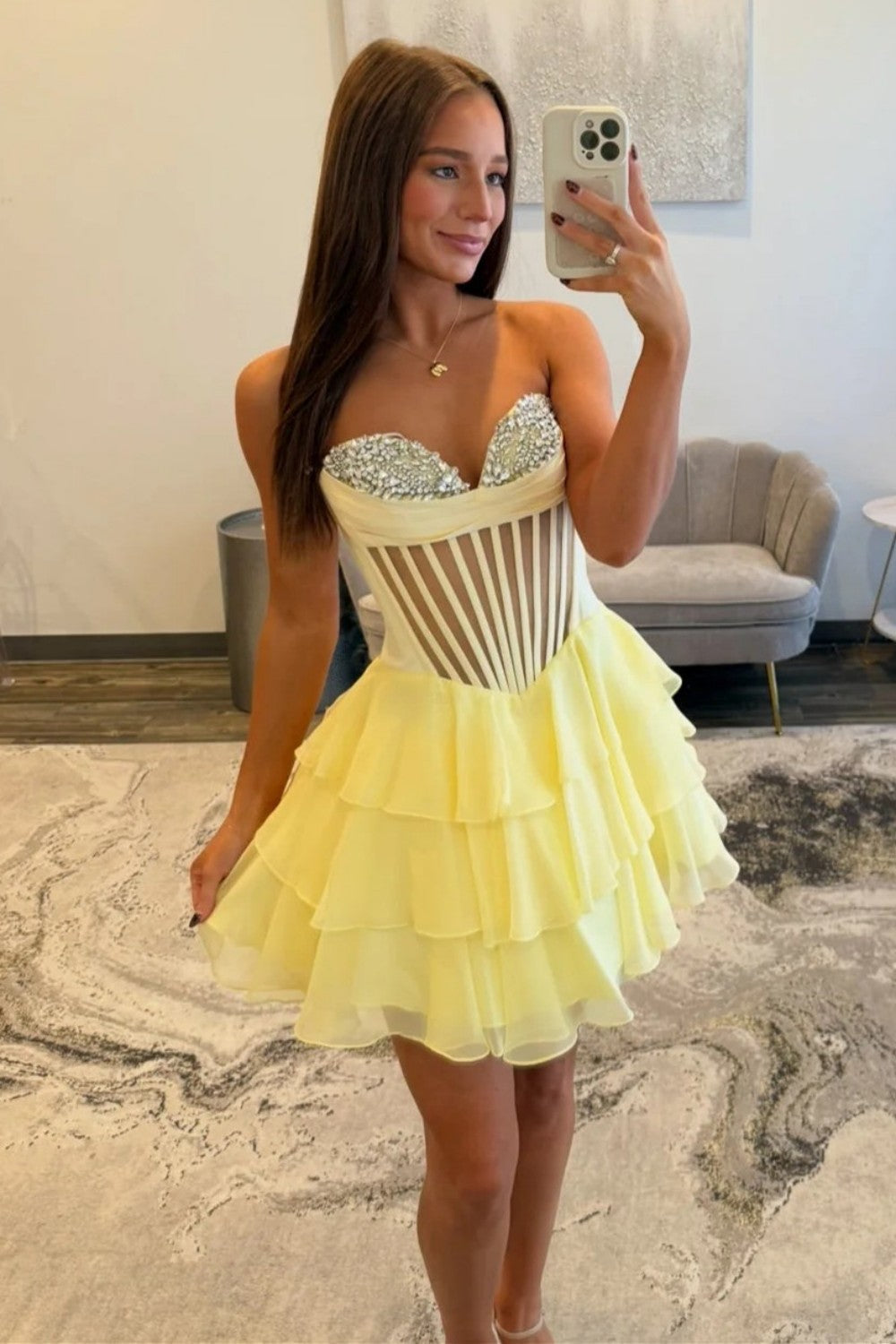 Cute A Line Sweetheart Yellow Corset Homecoming Dress with Beading Ruffles