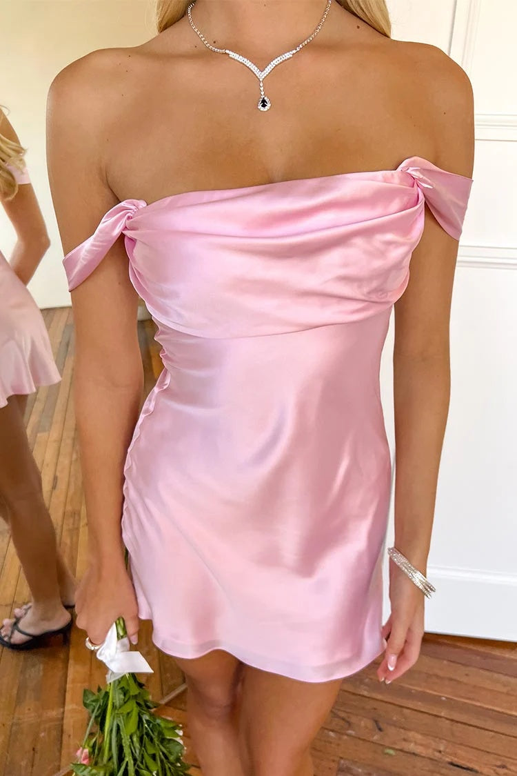 Chic Sheath Off the Shoulder Orange Satin Homecoming Dress with Ruched