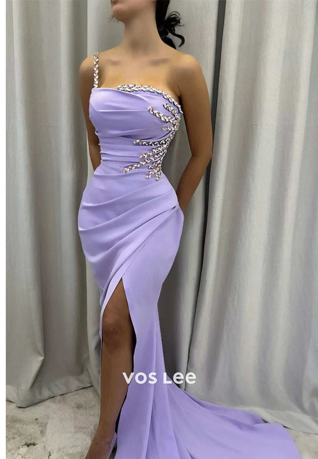 Sexy One Shoulder Rhinestone Pleated Mermaid Evening Dresses with Sweep Train
