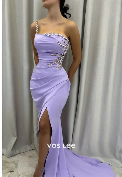 Sexy One Shoulder Rhinestone Pleated Mermaid Evening Dresses with Sweep Train