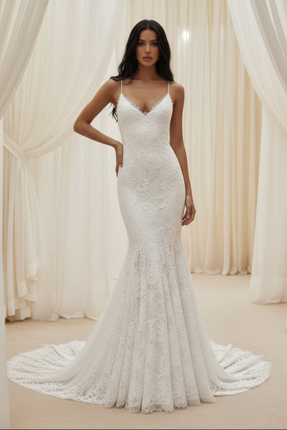 Boho Lace Mermaid Wedding Dress V Neck Backless Bridal Gown with Sweep Train