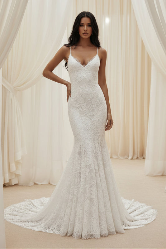 Boho Lace Mermaid Wedding Dress V Neck Backless Bridal Gown with Sweep Train