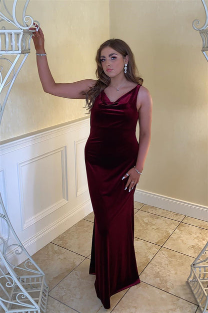 Cowl Neck Burgundy Velvet Bridesmaid Dress
