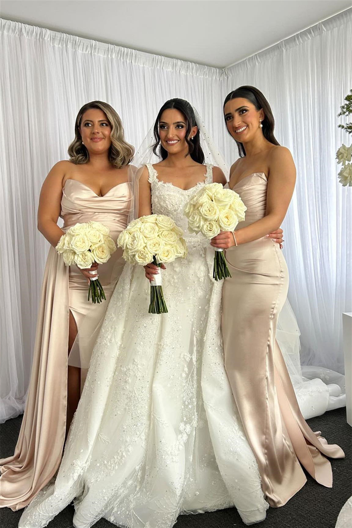 Cowl Neck Champagne Bridesmaid Dress with Slit