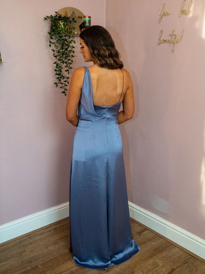 Cowl Neck Dusty Blue Satin Bridesmaid Dresses