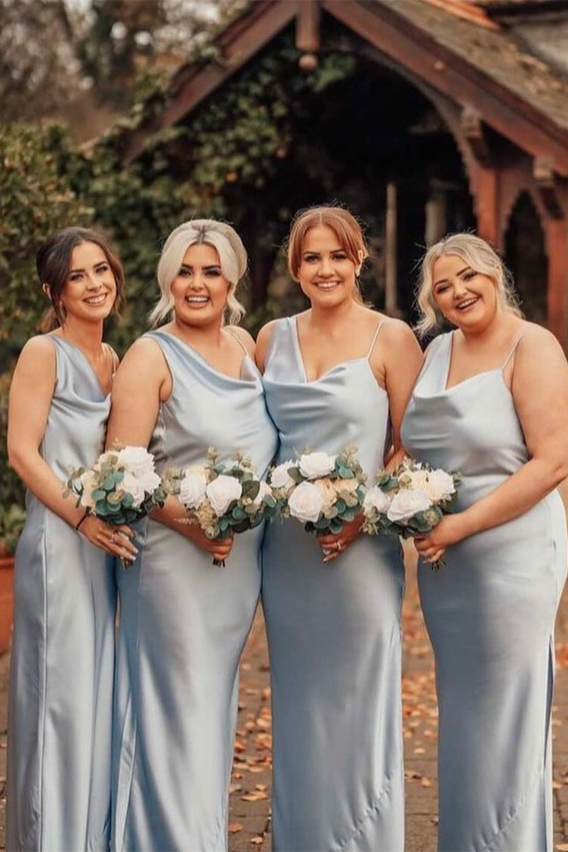 Cowl Neck Dusty Blue Satin Bridesmaid Dresses