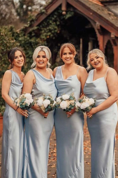 Cowl Neck Dusty Blue Satin Bridesmaid Dresses