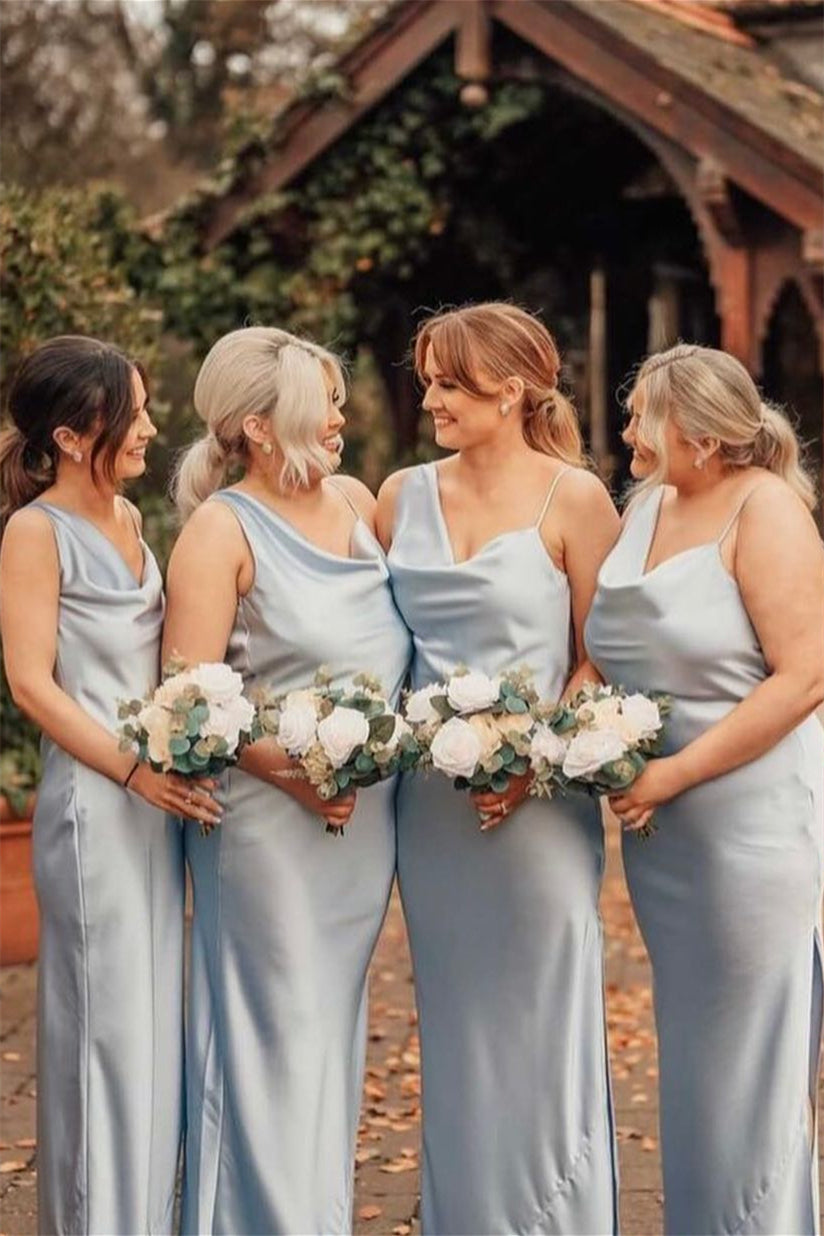 Cowl Neck Dusty Blue Satin Bridesmaid Dresses