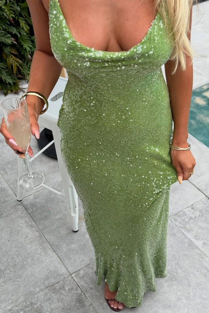 Elegant Cowl Neck Green Backless Sequin Maxi Dress