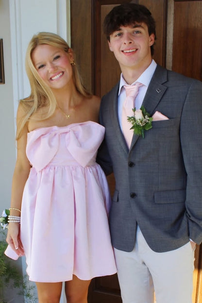 Cute A Line Strapless Light Pink Satin Short Homecoming Dress with Bowknot