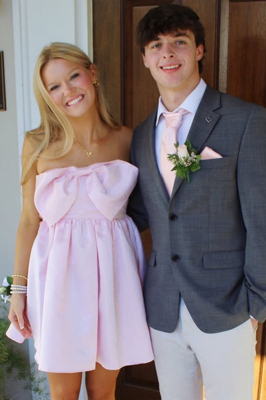 Cute A Line Strapless Light Pink Satin Short Homecoming Dress with Bowknot